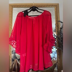 Black tie bow red sheer oversized ruffle sleeve blouse